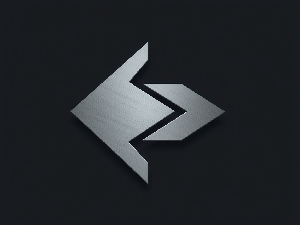 A geometric shape representing a forward arrow and a triangle, brushed metal texture on a dark background, subtle reflection, 8k.